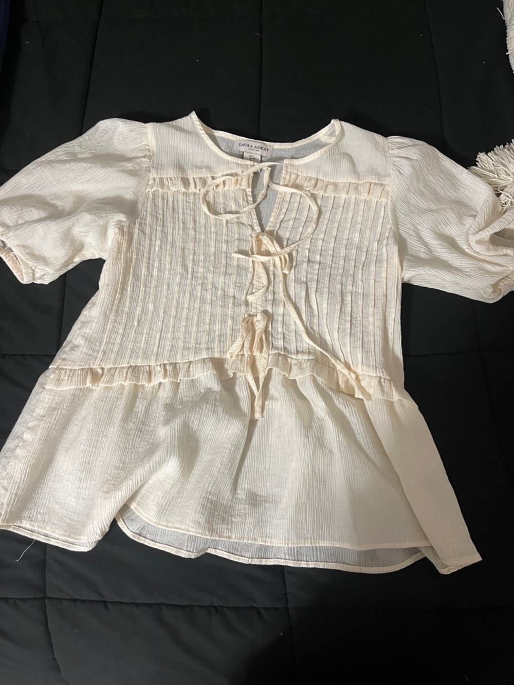Laura Ashley Cream Pintuck Tie-Front Blouse